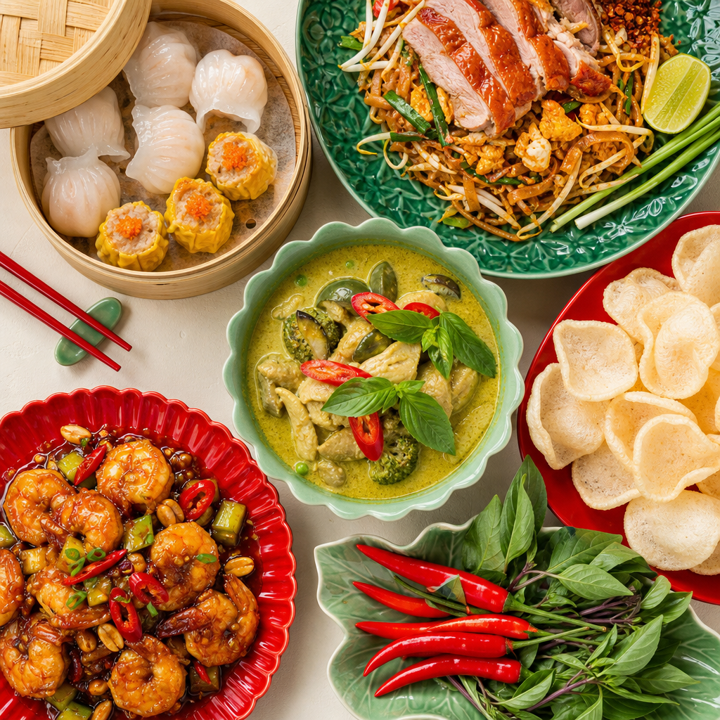 Overhead flat-lay of Panda Cook dishes: dim sum, crispy duck pad thai, Thai green curry, chilli king prawns and prawn crackers
